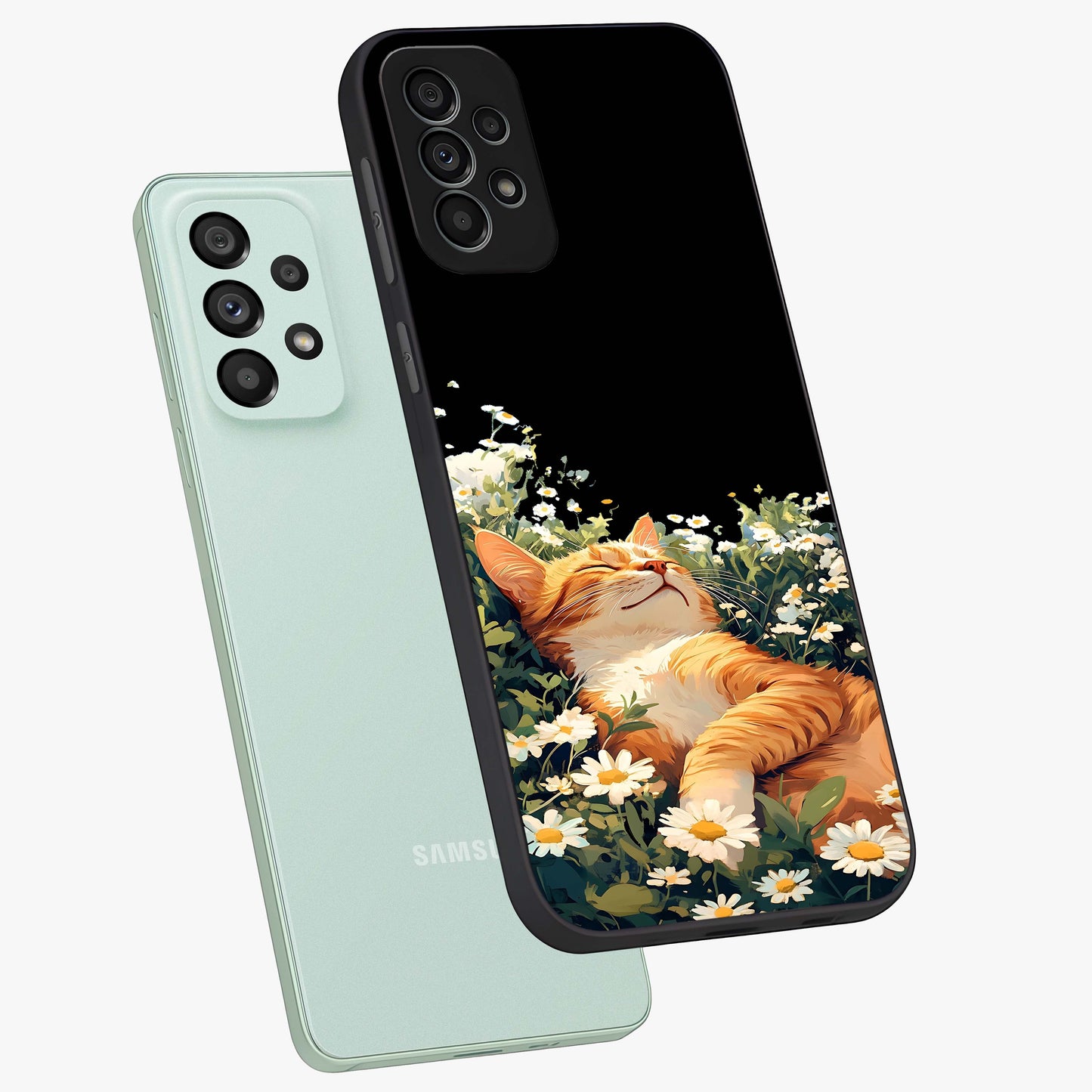 Blissful Bloom Cat Glass Case displayed in angled mockup highlighting playful feline illustration with soft floral aesthetic.