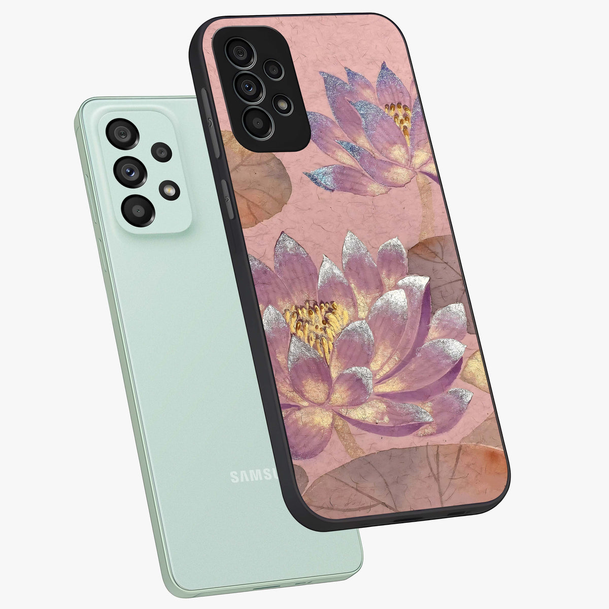Blossom Mist Lotus Glass Case displayed in angled mockup highlighting delicate lotus illustration with calm aesthetic theme.