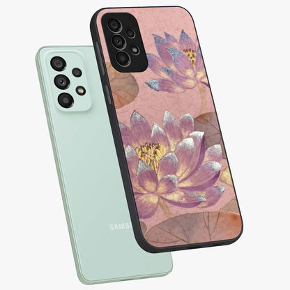 Blossom Mist Lotus Glass Case displayed in angled mockup highlighting delicate lotus illustration with calm aesthetic theme.