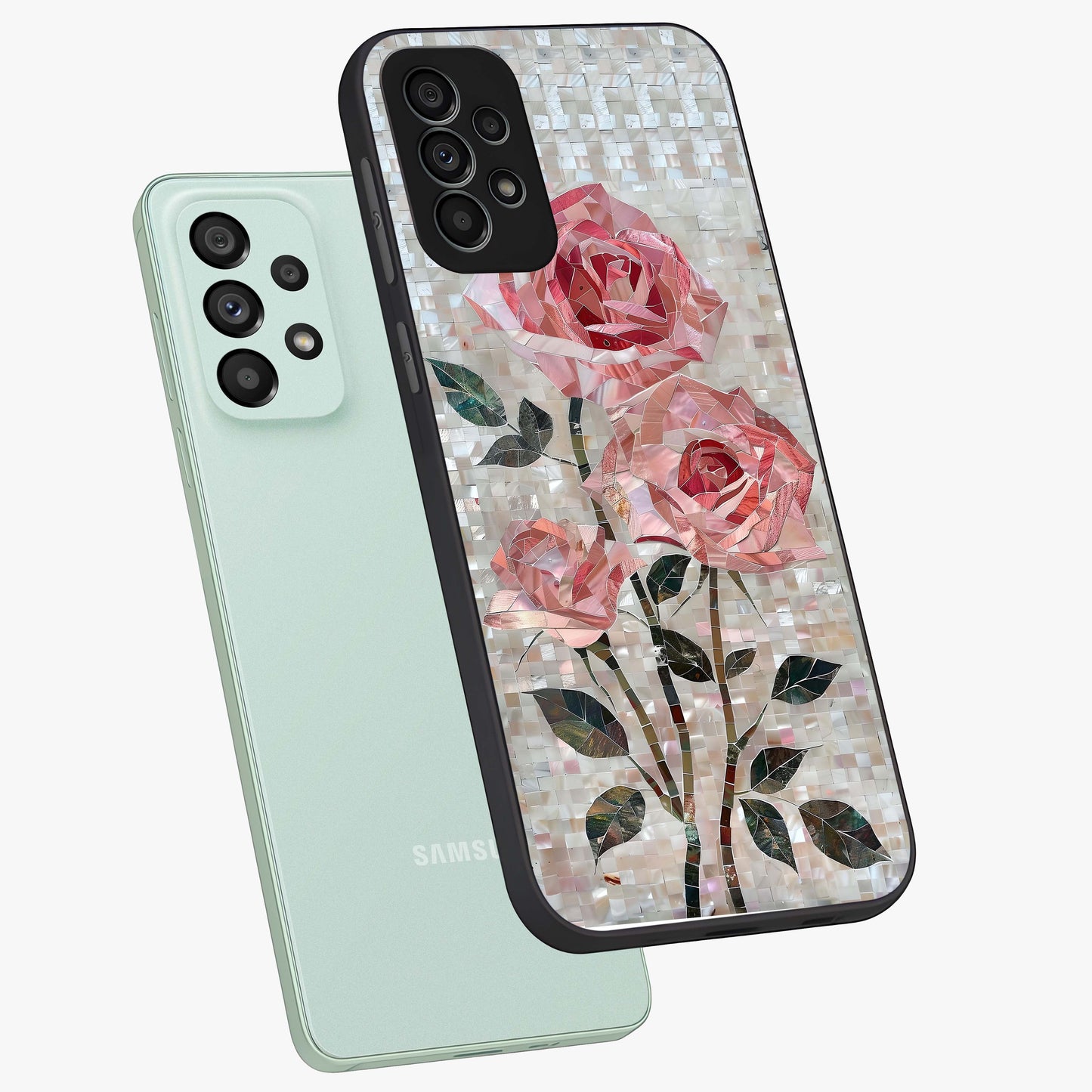 Blush Mosaic Bloom Glass Case displayed in angled mockup highlighting artistic mosaic flower pattern with aesthetic design.