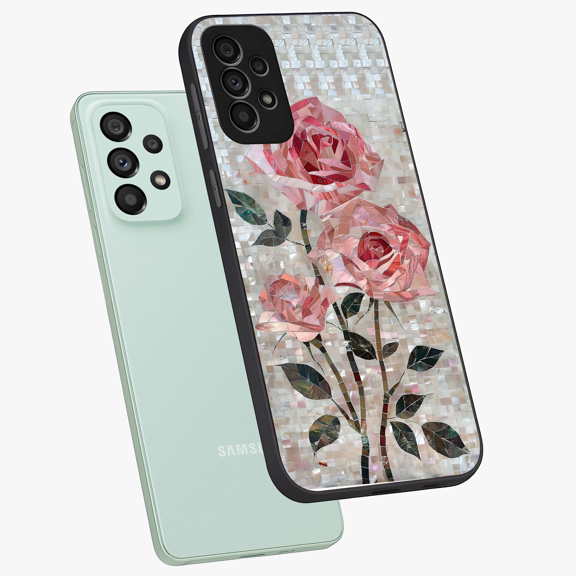 Blush Mosaic Bloom Glass Case displayed in angled mockup highlighting artistic mosaic flower pattern with aesthetic design.