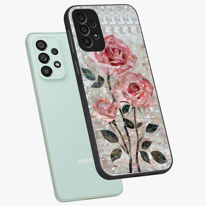 Blush Mosaic Bloom Glass Case displayed in angled mockup highlighting artistic mosaic flower pattern with aesthetic design.