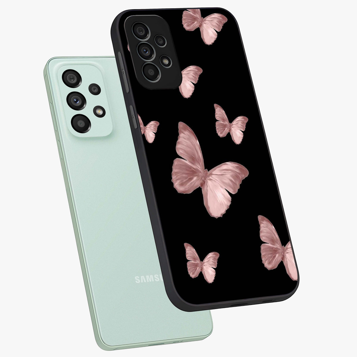 Butterfly Pattern Glass Case displayed in angled mockup highlighting delicate butterfly design and aesthetic pattern style.