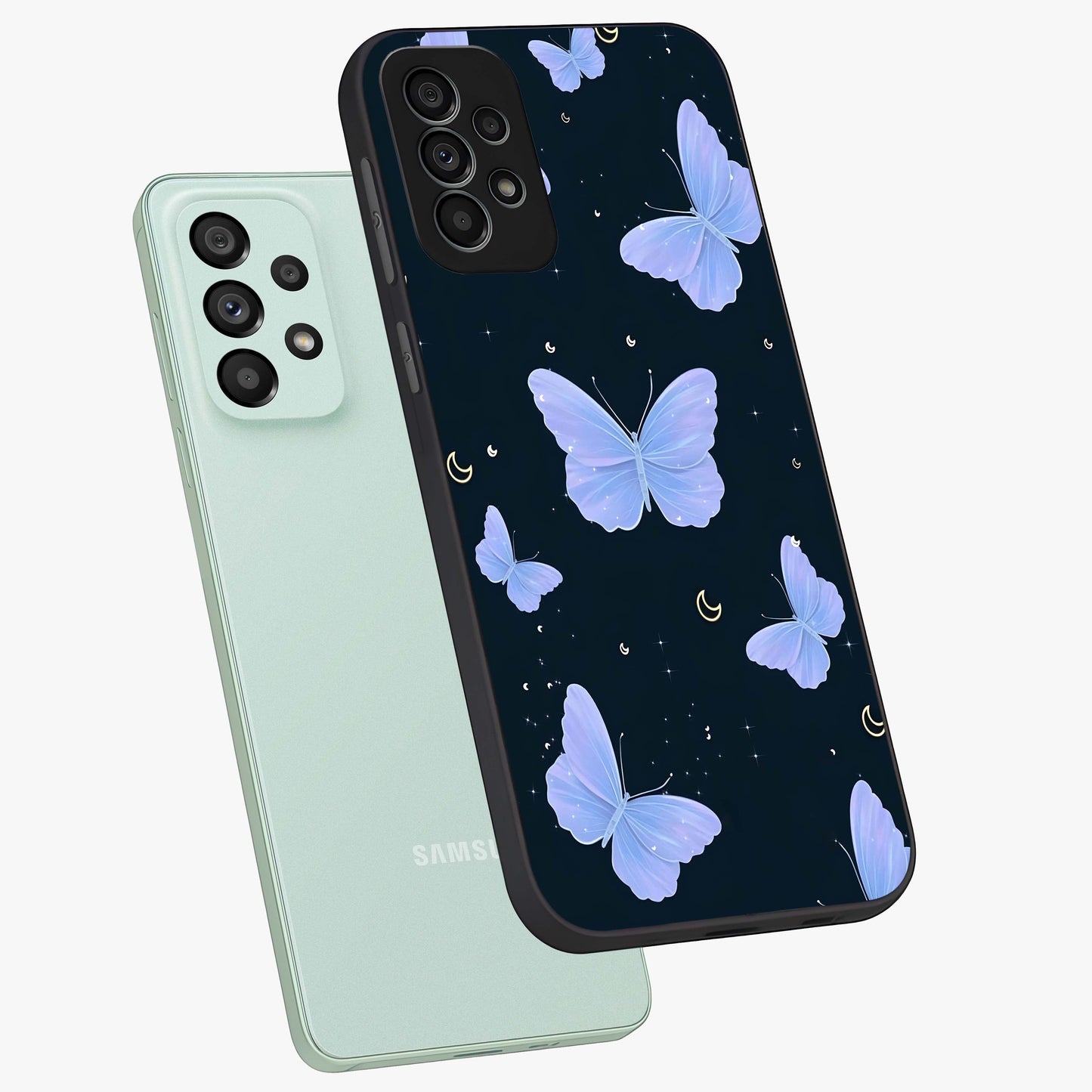 Butterfly With Stars Pattern Glass Case displayed in angled mockup highlighting dreamy butterfly and star design with aesthetic theme.