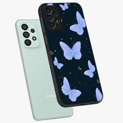 Butterfly With Stars Pattern Glass Case displayed in angled mockup highlighting dreamy butterfly and star design with aesthetic theme.