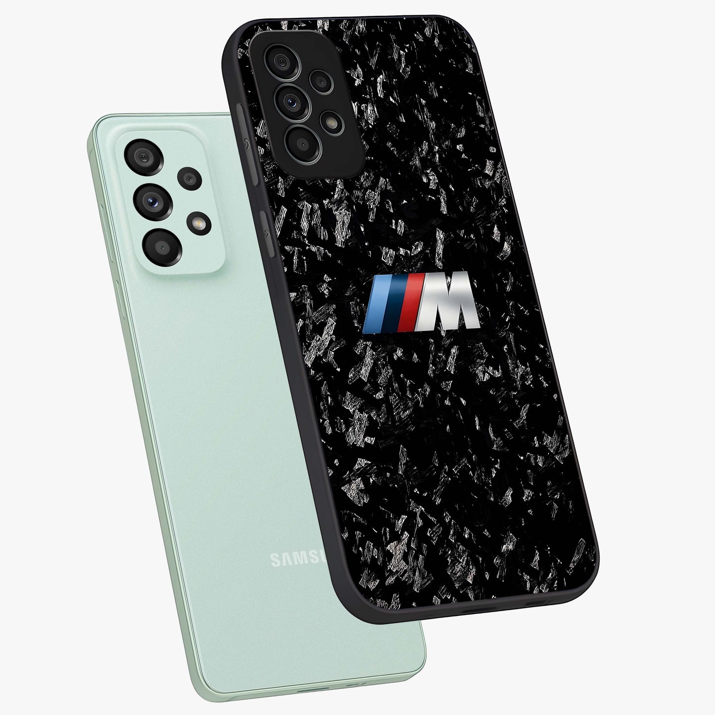 Carbon Speed Mark Glass Case displayed in angled mockup highlighting racing inspired carbon design and sleek aesthetic style.