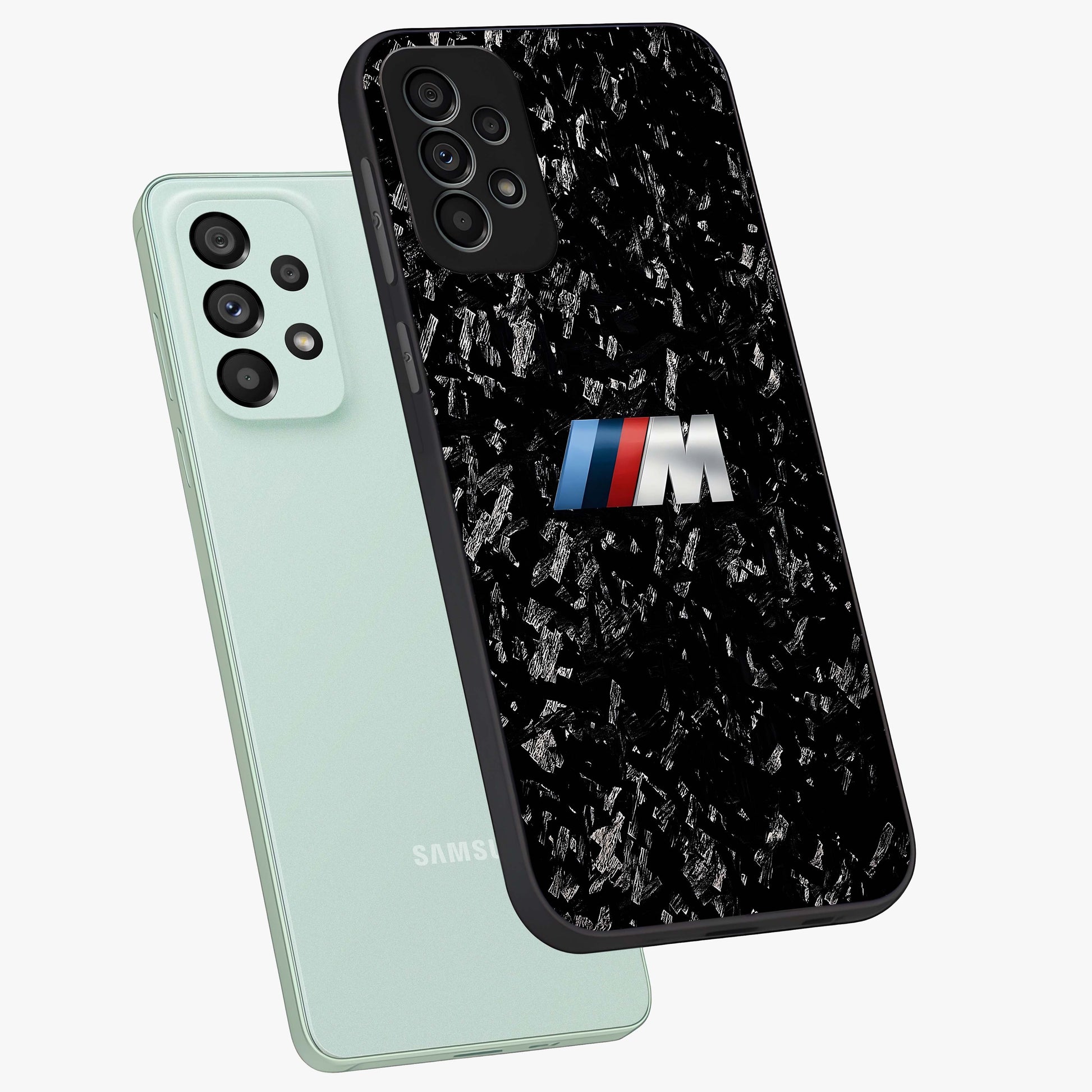 Carbon Speed Mark Glass Case displayed in angled mockup highlighting racing inspired carbon design and sleek aesthetic style.