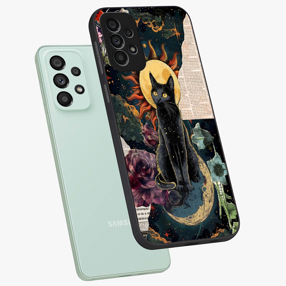 Celestial Black Cat Glass Case displayed in angled mockup highlighting cosmic black cat design with celestial aesthetic.