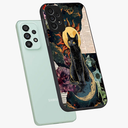 Celestial Black Cat Glass Case displayed in angled mockup highlighting cosmic black cat design with celestial aesthetic.