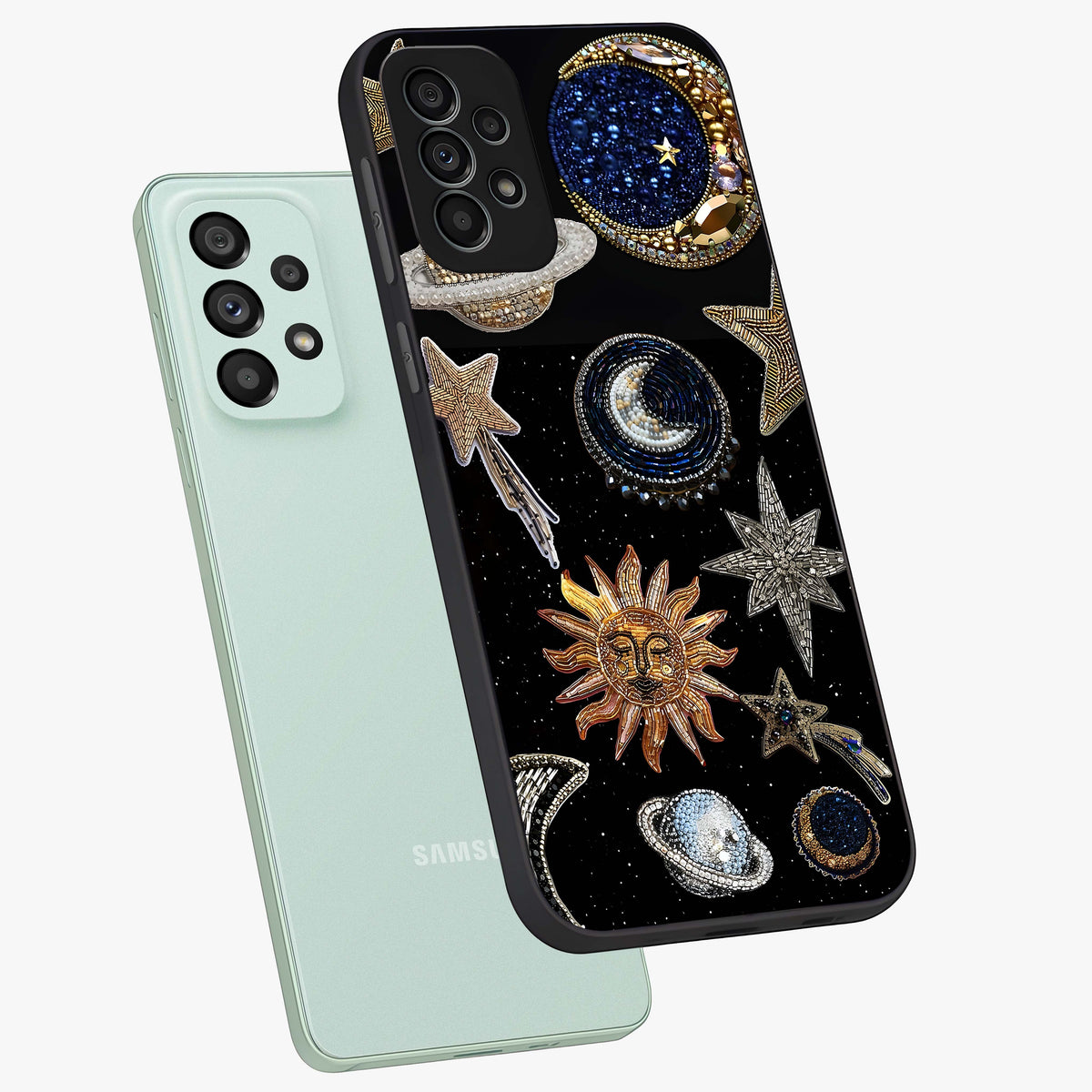 Celestial Gem Constellations Glass Case displayed in angled mockup highlighting gemstone inspired constellation design.