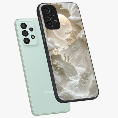 Celestial Origami Glass Case displayed in angled mockup highlighting geometric origami design with cosmic aesthetic theme.