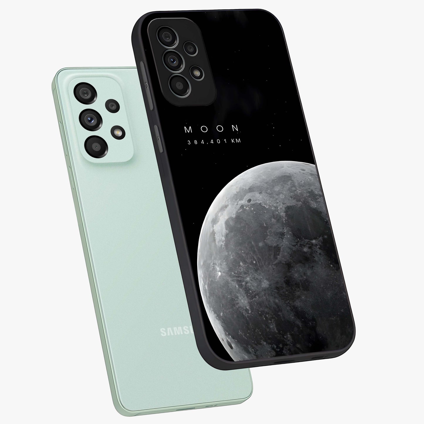 Cosmic Moon Glow Glass Case displayed in angled mockup highlighting celestial moon design with cosmic aesthetic theme.
