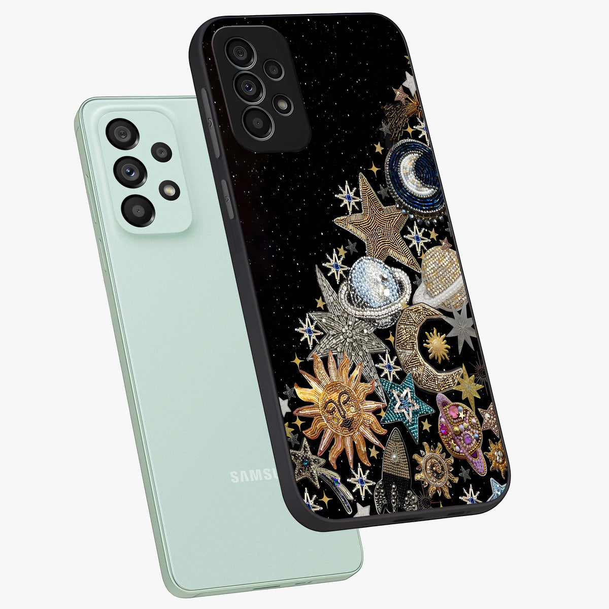 Cosmic Sparkle Dreams Glass Case displayed in angled mockup highlighting dreamy star sparkle design with celestial aesthetic.