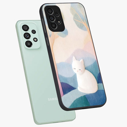 Cotton Dream Cat Glass Case displayed in angled mockup highlighting cute feline illustration with pastel aesthetic style.