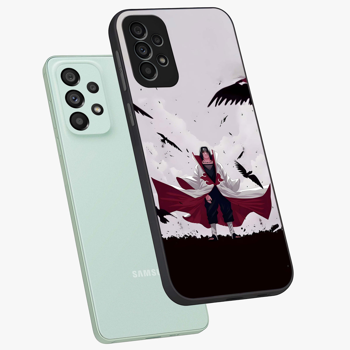 Crimson Crow Ascension Glass Case displayed in angled mockup highlighting powerful crow illustration with dark crimson aesthetic.