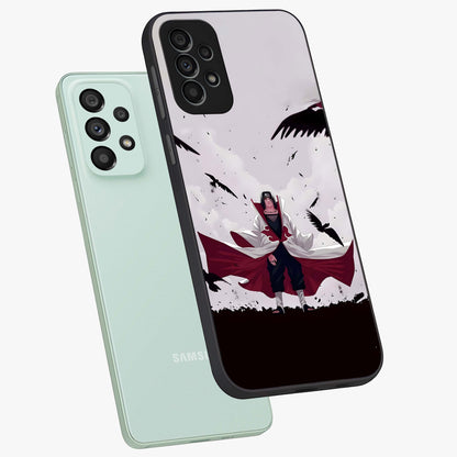 Crimson Crow Ascension Glass Case displayed in angled mockup highlighting powerful crow illustration with dark crimson aesthetic.