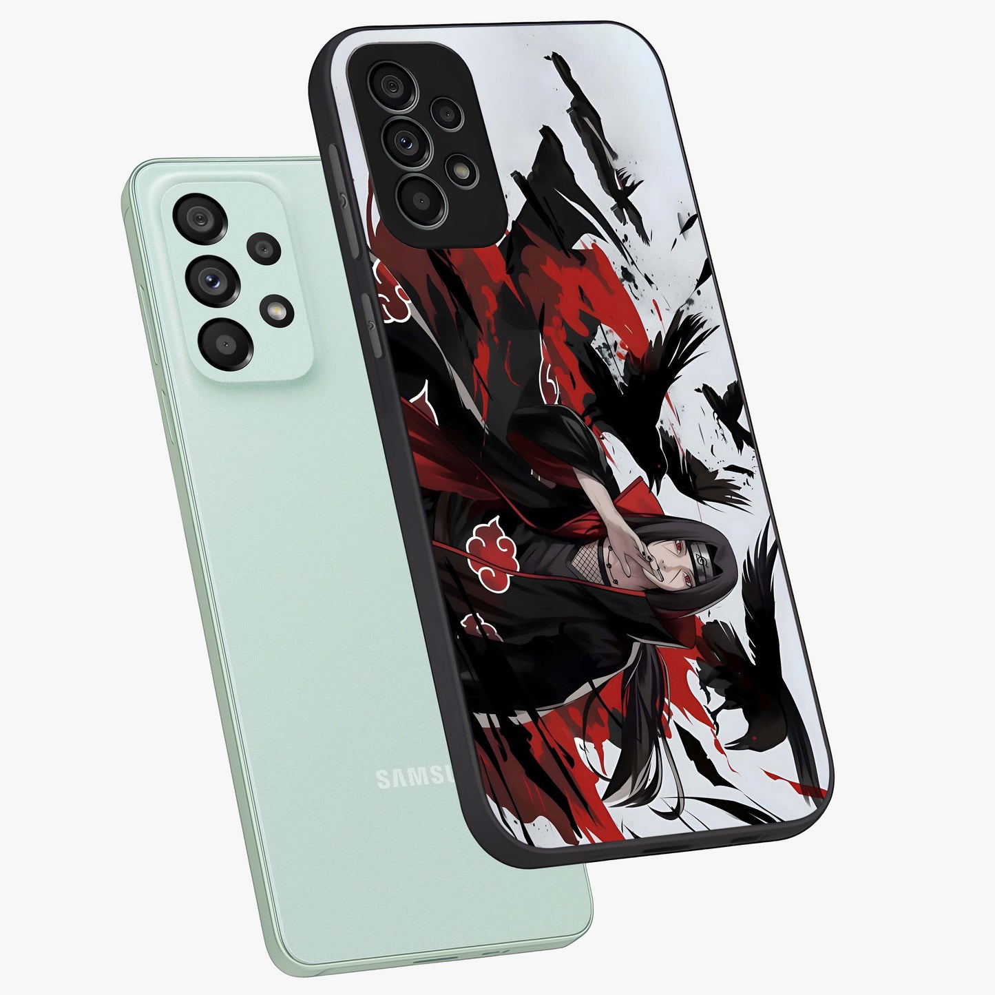 Crimson Crow Illusion Glass Case displayed in angled mockup highlighting mysterious crow graphic with dark aesthetic style.