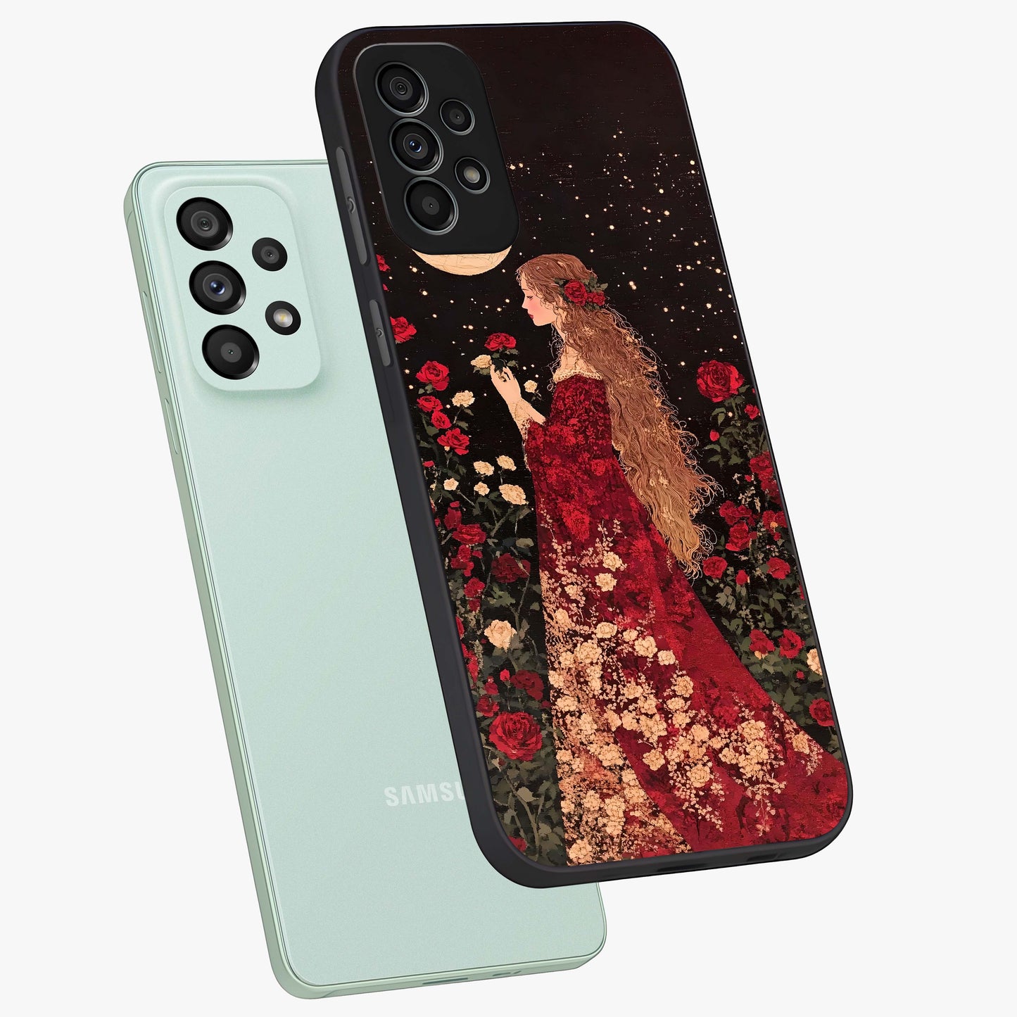 Crimson Dreams Glass Case displayed in angled mockup highlighting soft crimson aesthetic design with artistic theme.