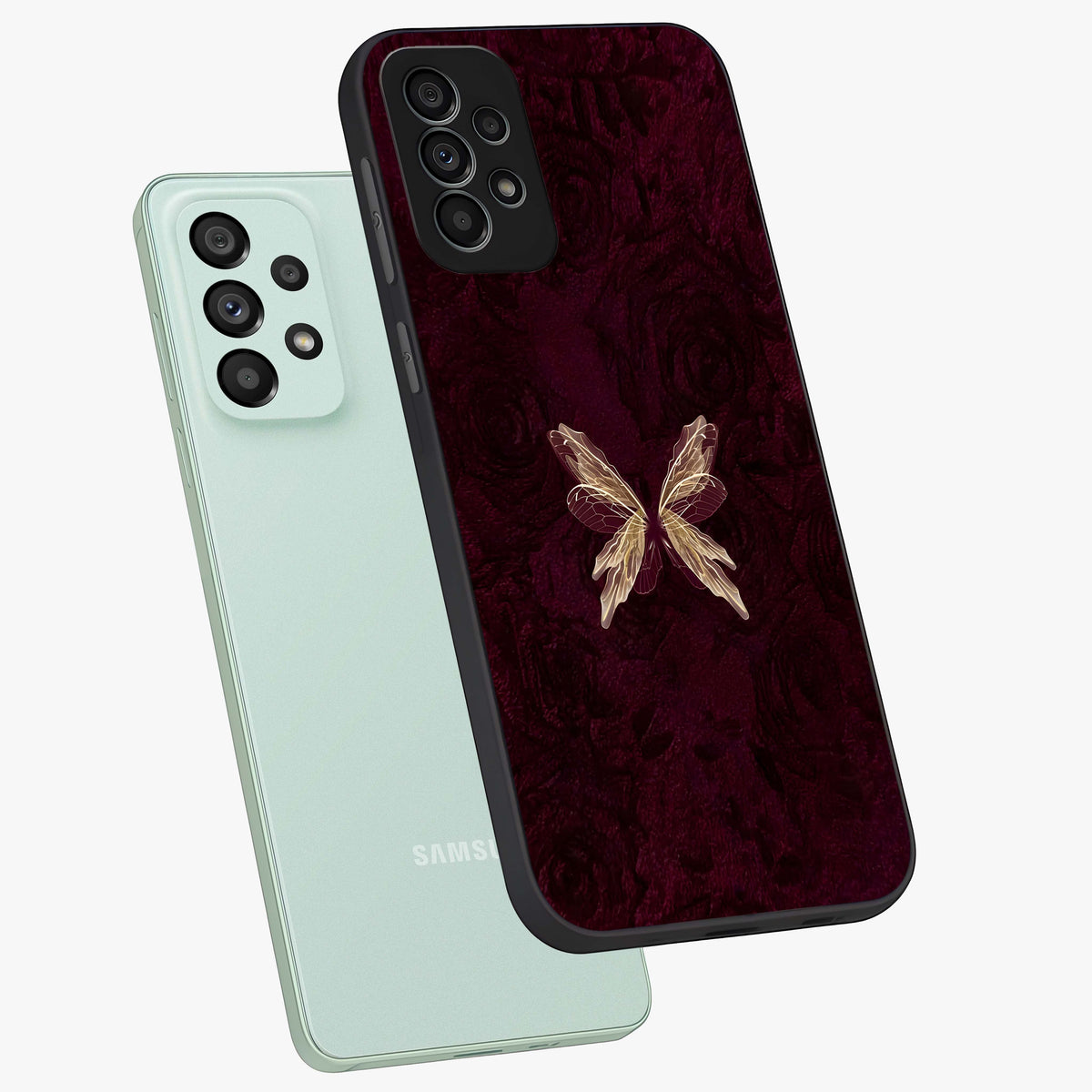 Crimson Fade Butterfly Glass Case displayed in angled mockup highlighting elegant butterfly design with crimson gradient aesthetic.