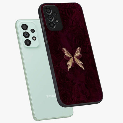 Crimson Fade Butterfly Glass Case displayed in angled mockup highlighting elegant butterfly design with crimson gradient aesthetic.