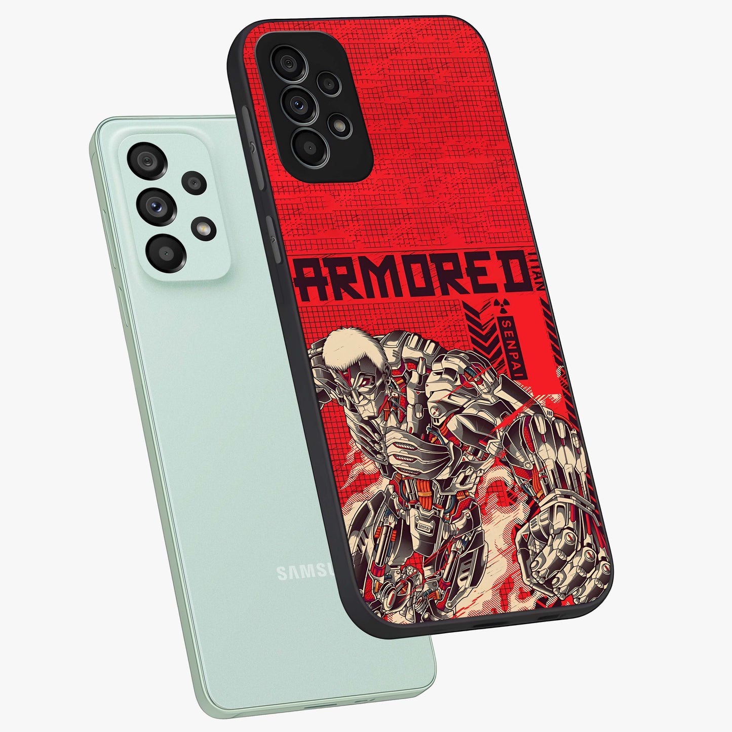 Crimson Mecha Titan Glass Case displayed in angled mockup highlighting futuristic mech illustration with bold crimson aesthetic.