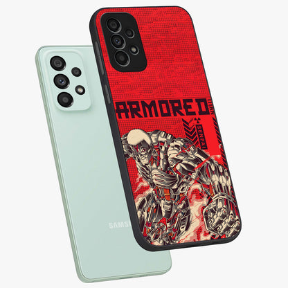 Crimson Mecha Titan Glass Case displayed in angled mockup highlighting futuristic mech illustration with bold crimson aesthetic.