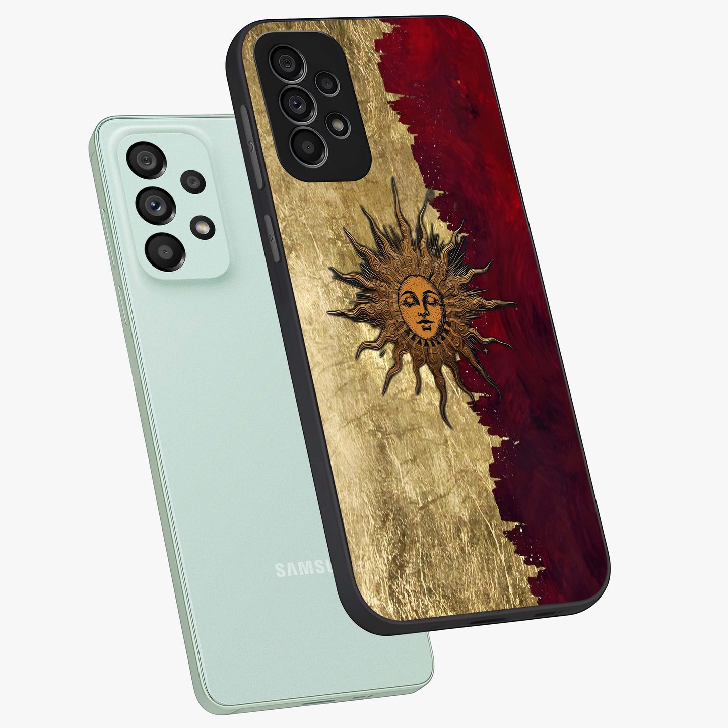 Crimson Sun Majesty Glass Case displayed in angled mockup highlighting majestic crimson sun design with bold aesthetic style.