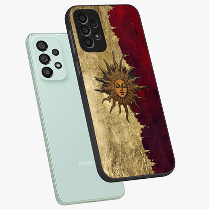 Crimson Sun Majesty Glass Case displayed in angled mockup highlighting majestic crimson sun design with bold aesthetic style.