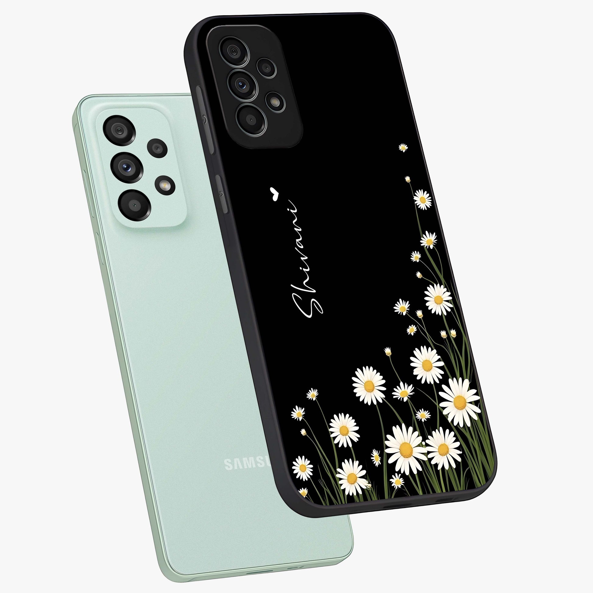 Daisy Cascade Custom Name Glass Case displayed in angled mockup highlighting delicate daisy artwork with custom name feature.