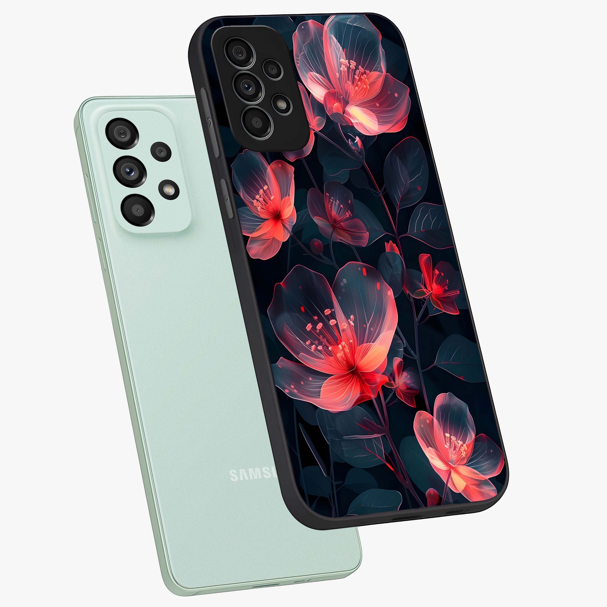 Dark Shade of Flower Glass Case displayed in angled mockup highlighting moody floral illustration with aesthetic dark tones.