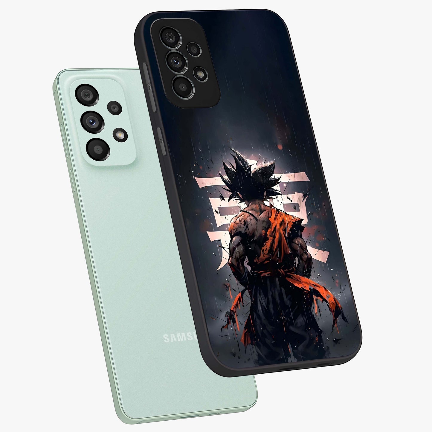 Dark Warrior In Rain Glass Case displayed in angled mockup highlighting dramatic warrior illustration with dark rain aesthetic.