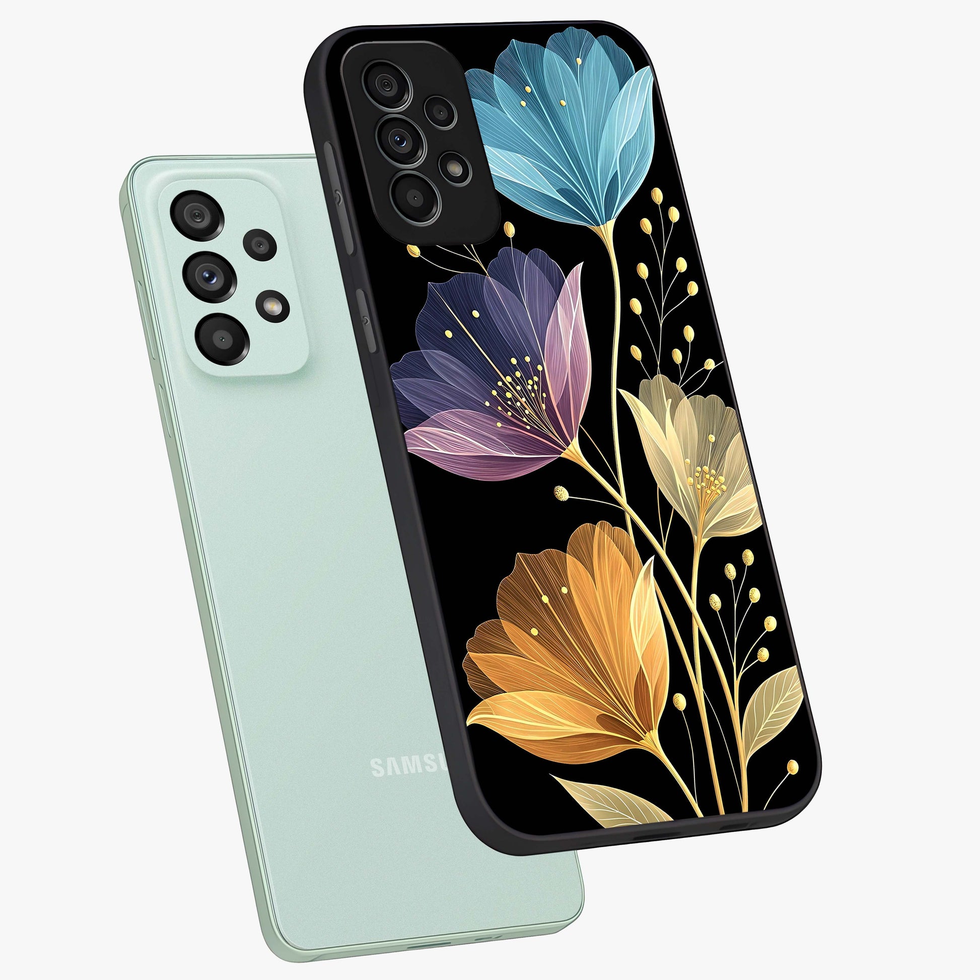 Delicate Multicolor Flowers Glass Case displayed in angled mockup highlighting colorful flower pattern with soft aesthetic style.