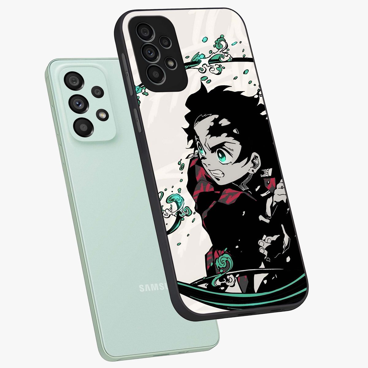 Demon Slayer Glass Case displayed in angled mockup highlighting dramatic anime character design with action aesthetic.