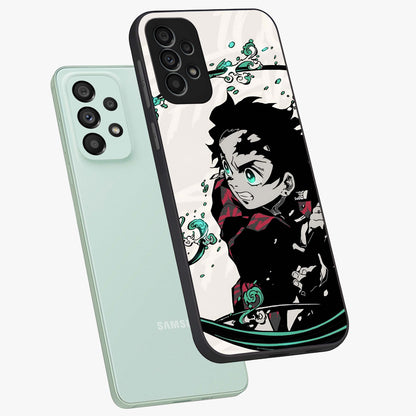 Demon Slayer Glass Case displayed in angled mockup highlighting dramatic anime character design with action aesthetic.