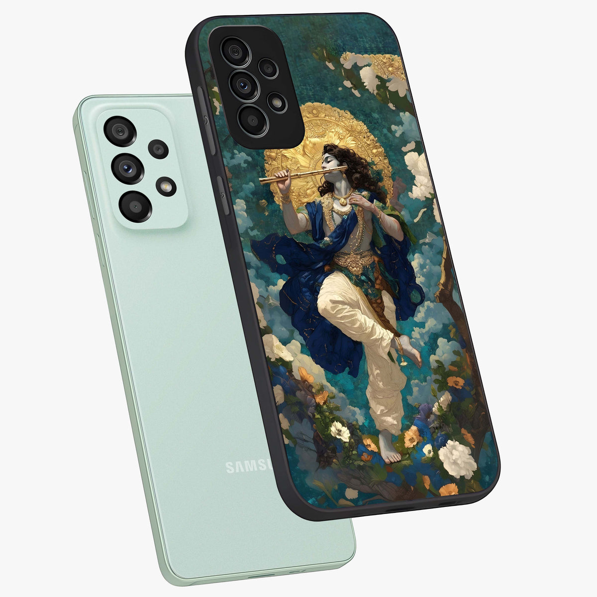 Divine Krishna Art Glass Case displayed in angled mockup highlighting spiritual Krishna illustration with devotional aesthetic.