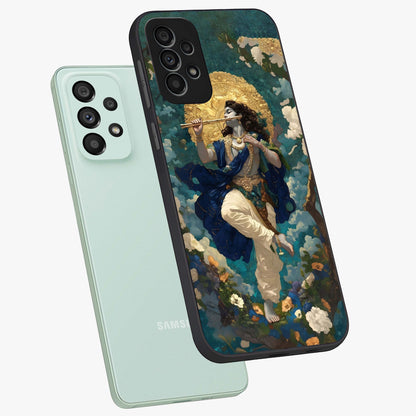 Divine Krishna Art Glass Case displayed in angled mockup highlighting spiritual Krishna illustration with devotional aesthetic.