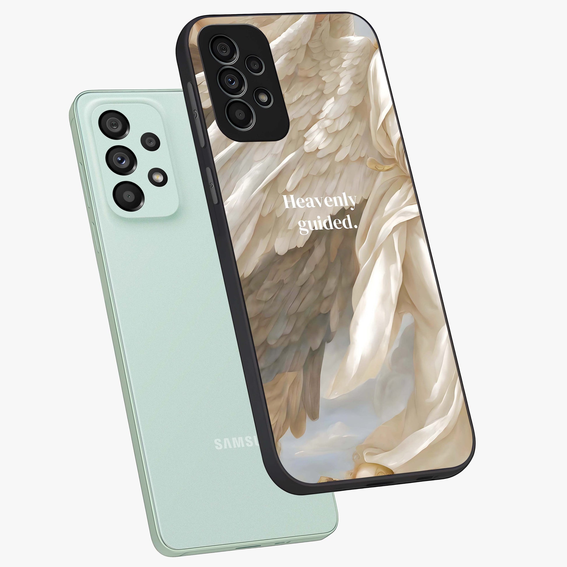 Divine Winged Grace Glass Case displayed in angled mockup highlighting graceful wing design with divine aesthetic style.