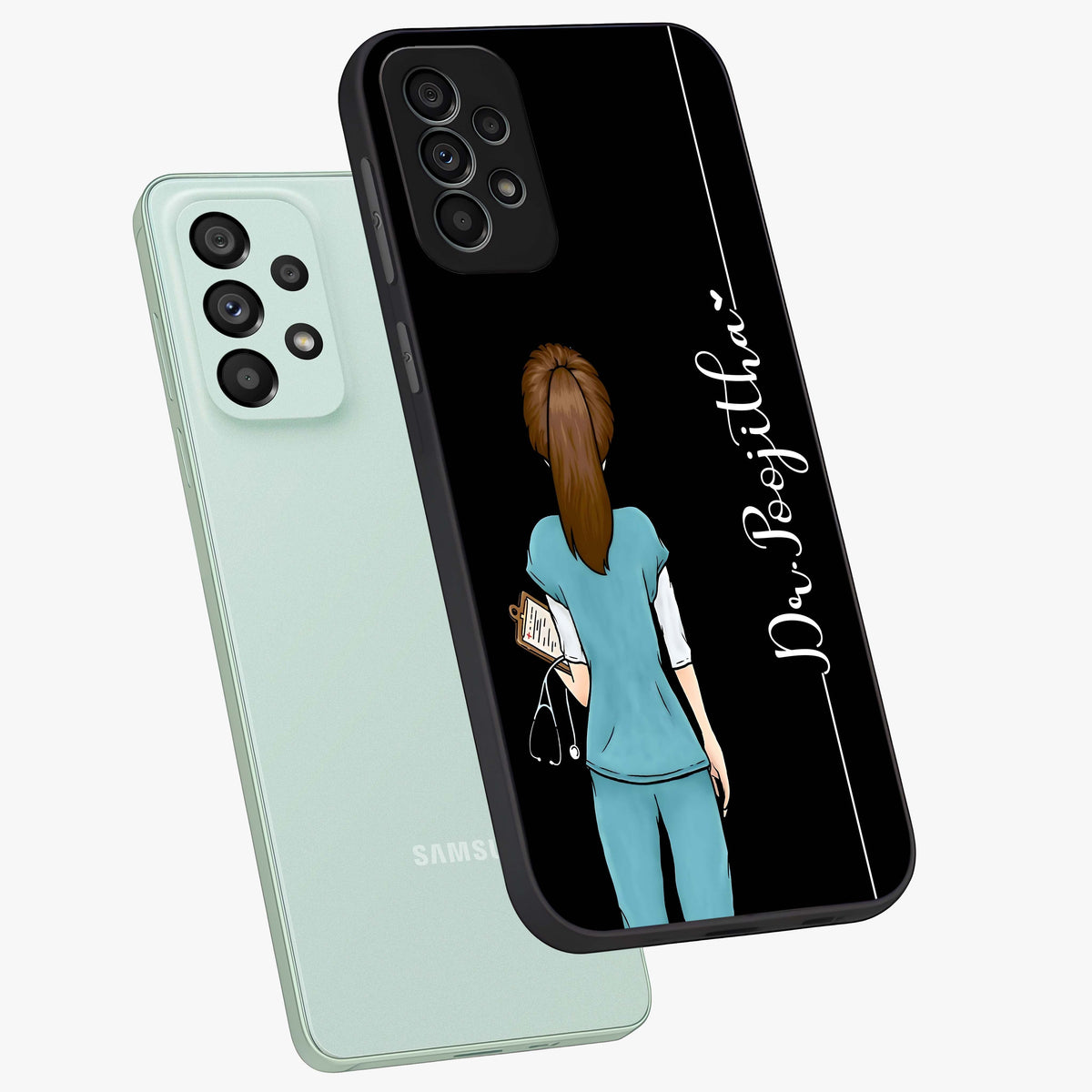 Doctor Pattern Custom Name Glass Case displayed in angled mockup highlighting doctor inspired artwork with custom name feature.