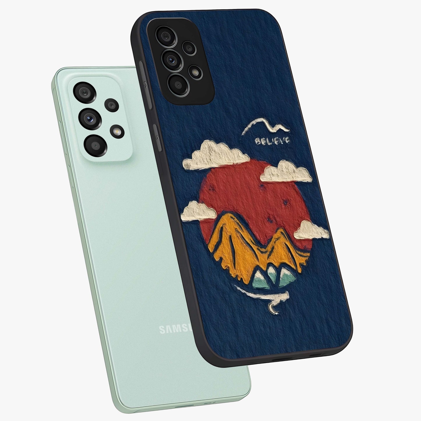 Dream Beyond Mountains Glass Case displayed in angled mockup highlighting dreamy mountain illustration with peaceful aesthetic.