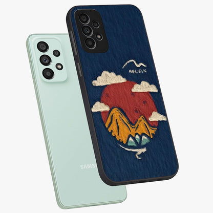 Dream Beyond Mountains Glass Case displayed in angled mockup highlighting dreamy mountain illustration with peaceful aesthetic.