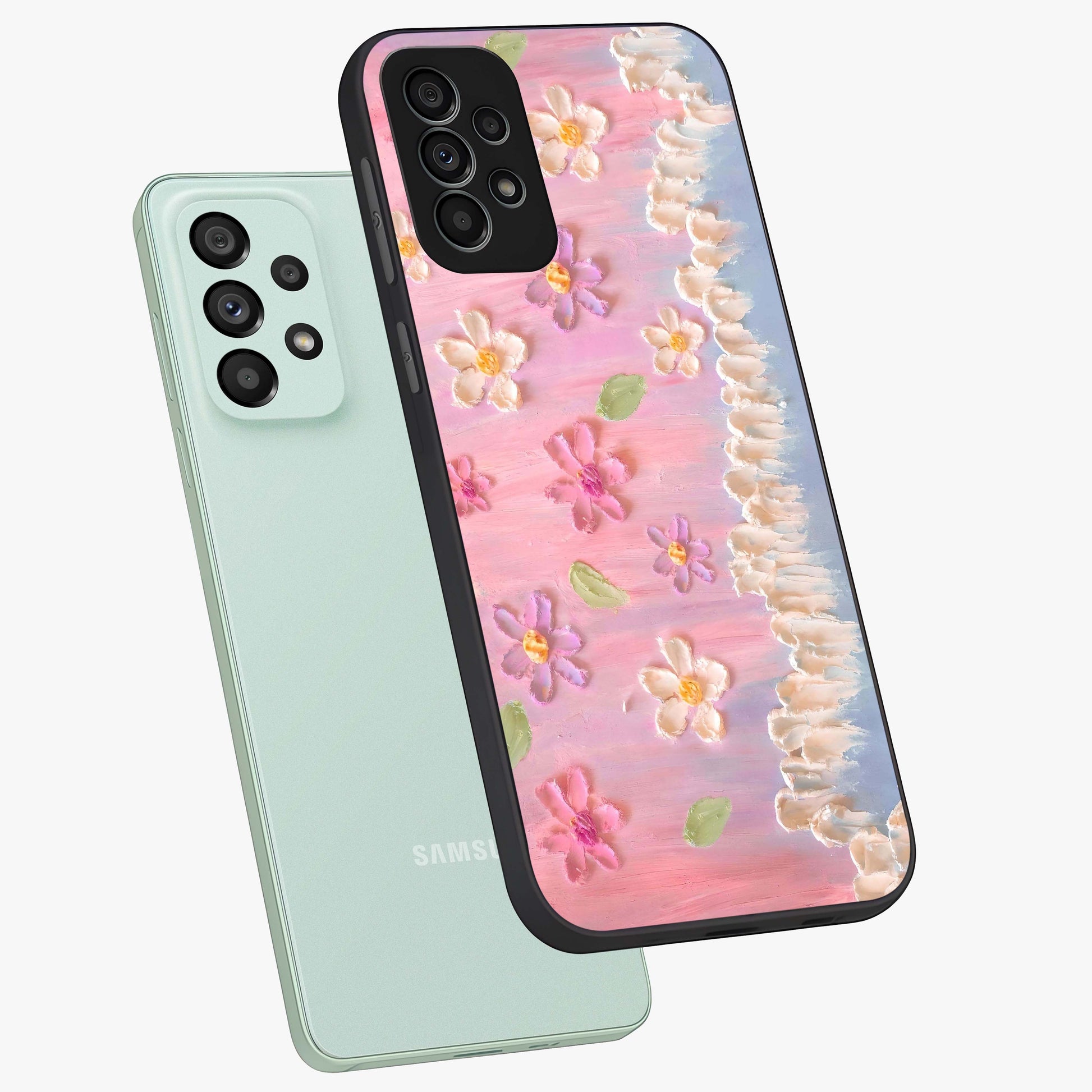Dreamy Painted Garden Glass Case displayed in angled mockup highlighting colorful garden illustration with dreamy aesthetic style.