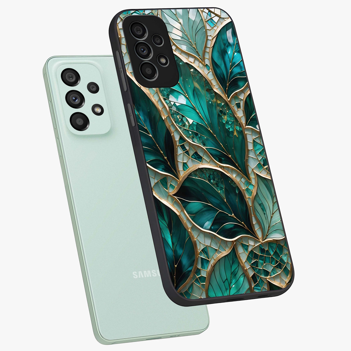 Emerald Leaf Glass Glass Case displayed in angled mockup highlighting botanical leaf illustration with elegant natural aesthetic.