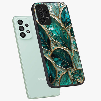 Emerald Leaf Glass Glass Case displayed in angled mockup highlighting botanical leaf illustration with elegant natural aesthetic.