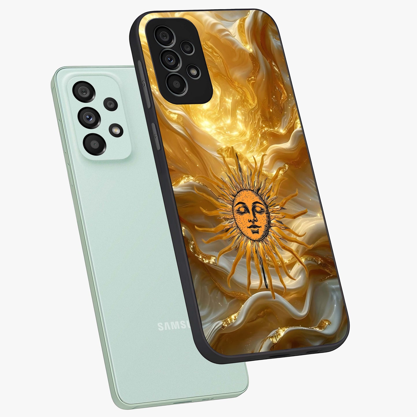 Eternal Golden Glow Glass Case displayed in angled mockup highlighting glowing golden aesthetic design with elegant style.