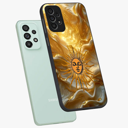 Eternal Golden Glow Glass Case displayed in angled mockup highlighting glowing golden aesthetic design with elegant style.
