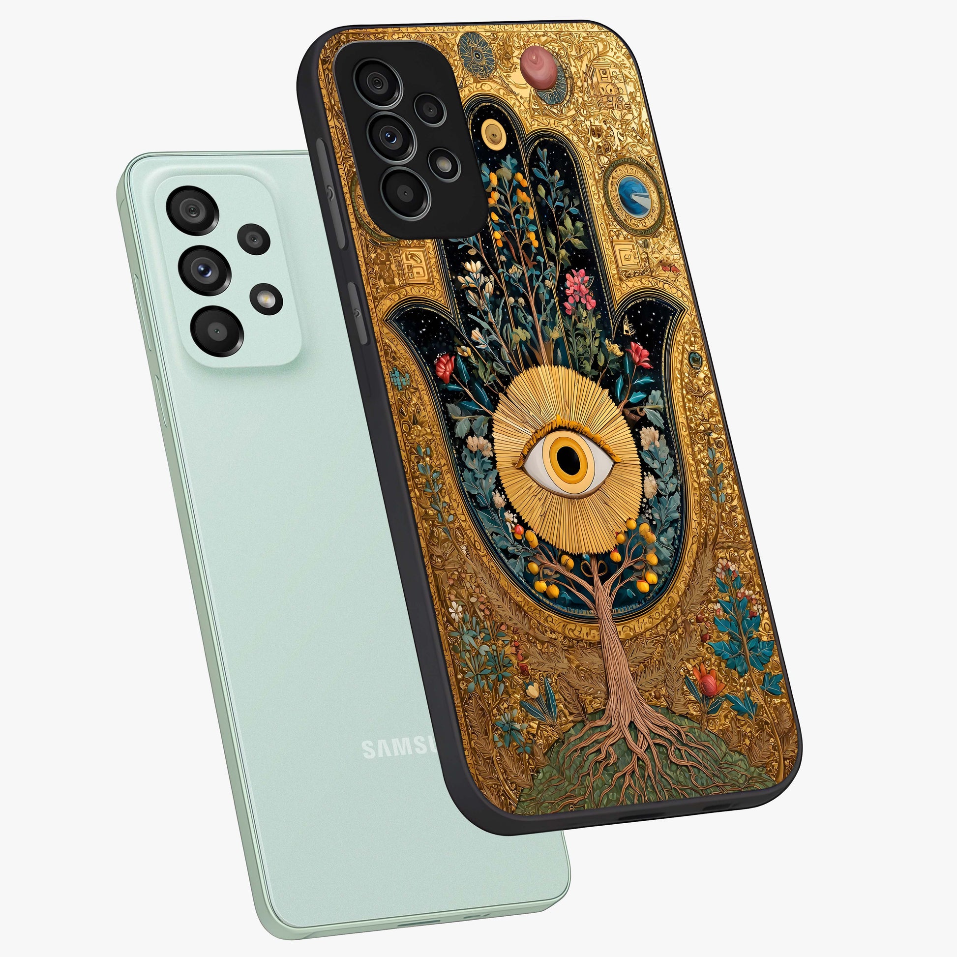 Ethereal Evil Eye Glass Case displayed in angled mockup highlighting protective evil eye symbol with spiritual aesthetic design.