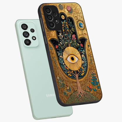 Ethereal Evil Eye Glass Case displayed in angled mockup highlighting protective evil eye symbol with spiritual aesthetic design.