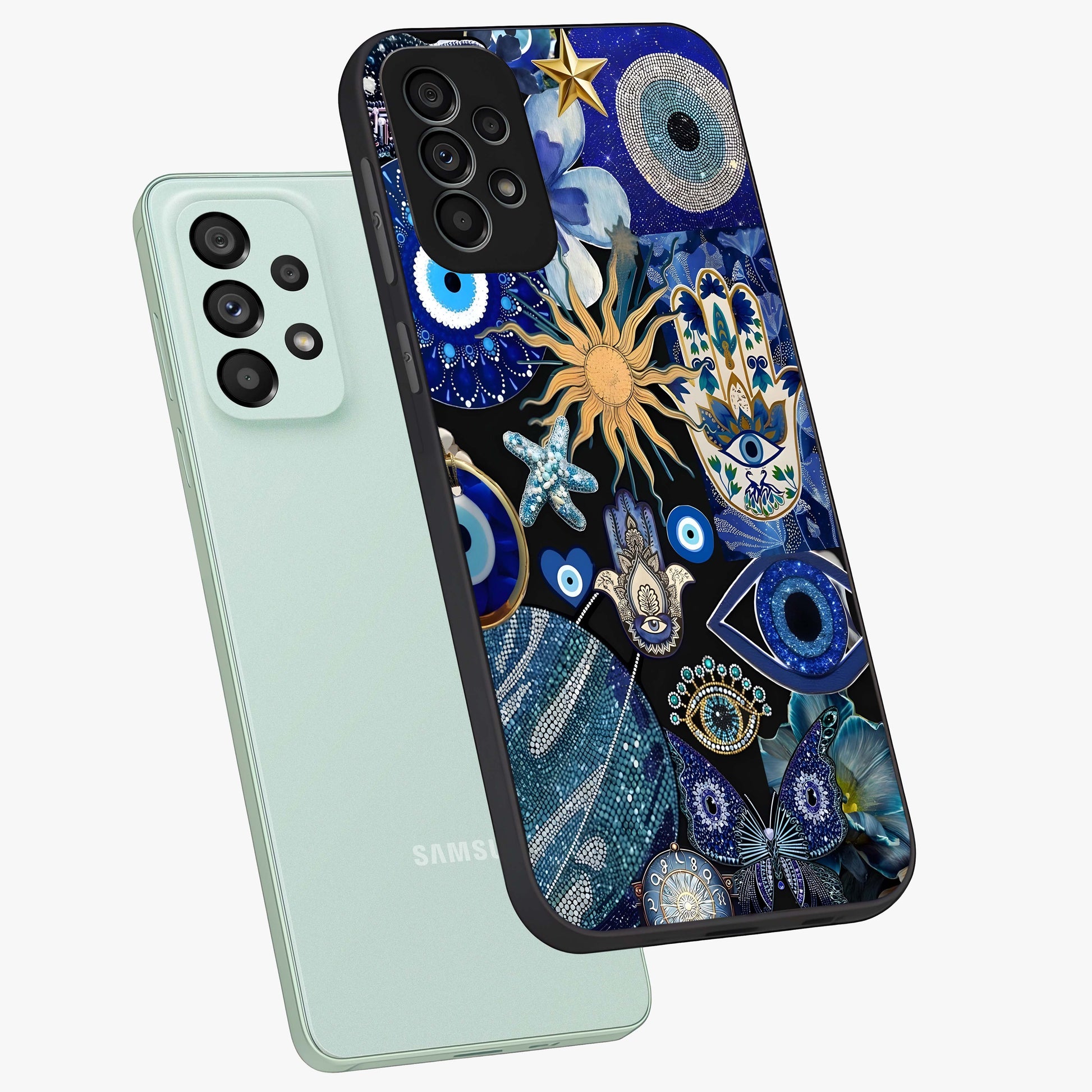 Evil Eye Charm Mix Glass Case displayed in angled mockup highlighting protective evil eye symbols with spiritual aesthetic design.