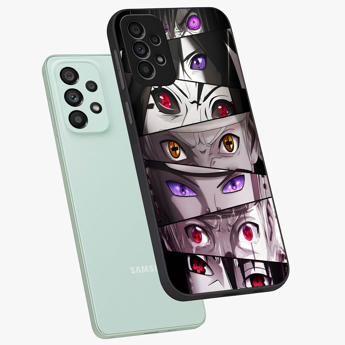 Eyes of Destiny Glass Case displayed in angled mockup highlighting bold eye illustration with mystical aesthetic style.