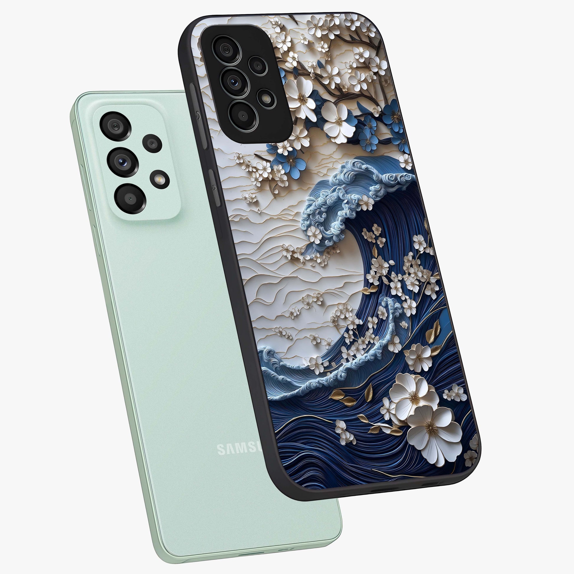 Floral Wave Origami Glass Case displayed in angled mockup highlighting geometric origami flower design with modern aesthetic style.